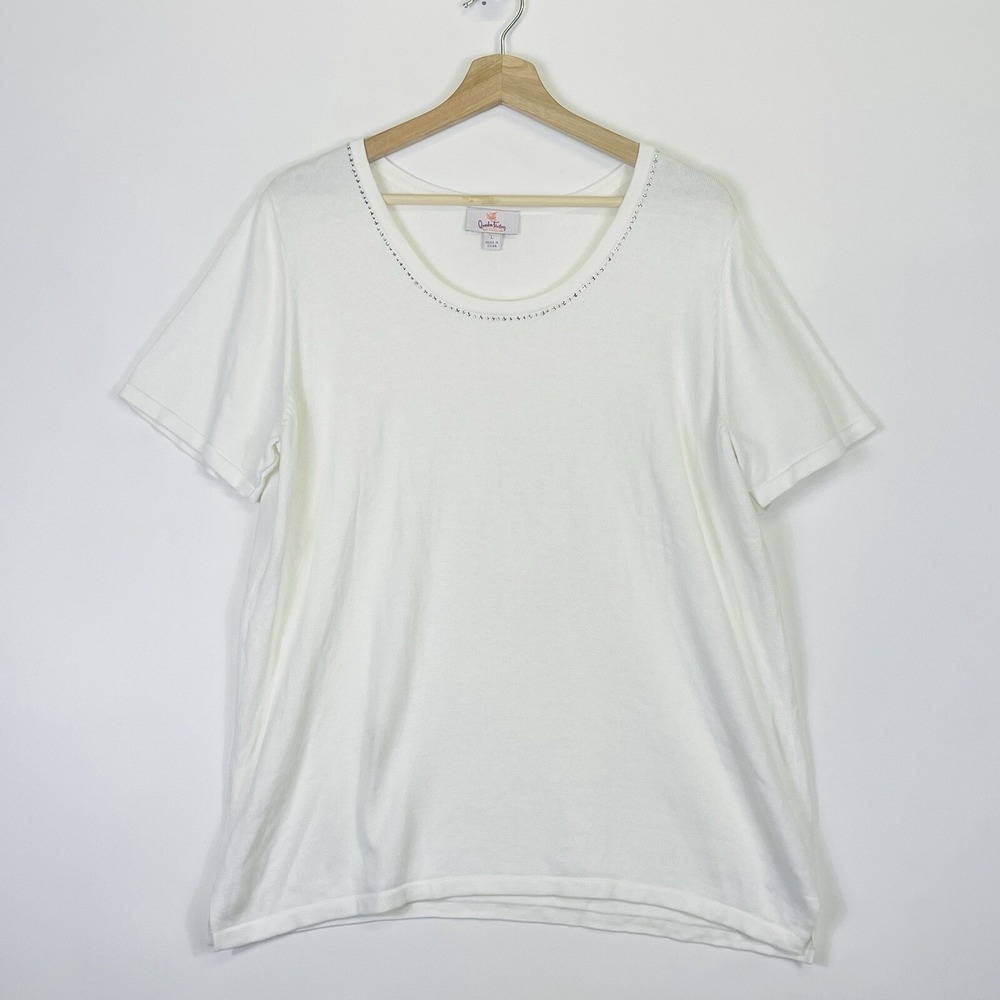 Quacker Factory Knit Top Women Large White Rhinestone Whimsical Grandmacore
